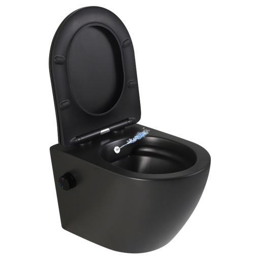 Vas wc suspendat cu functie bideu, negru mat, apa calda rece, spalare rimless, baterie inclusa Foglia Oslo
