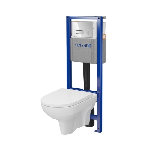 Set rezervor cu cadru Cersanit B972 System 40 mecanic cu vas wc suspendat City New CleanOn, cu capac si clapeta crom lucios