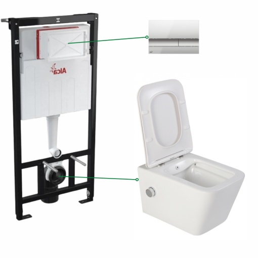 Set vas wc suspendat Foglia Safari cu functie de bideu si rezervor wc incastrat Alcadrain cu clapeta crom mat