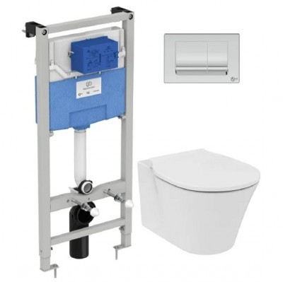 Set vas wc suspendat Ideal Standard Connect Air Aquablade cu capac softclose si rezervor Ideal Standard ProSys cu clapeta Oleas M1 crom