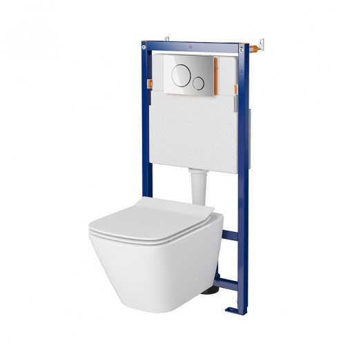 Set rezervor WC cu cadru B602 Cersanit Tech Line Opti si clapeta Opti B2 crom lucios plus vas wc City Square si capac alb