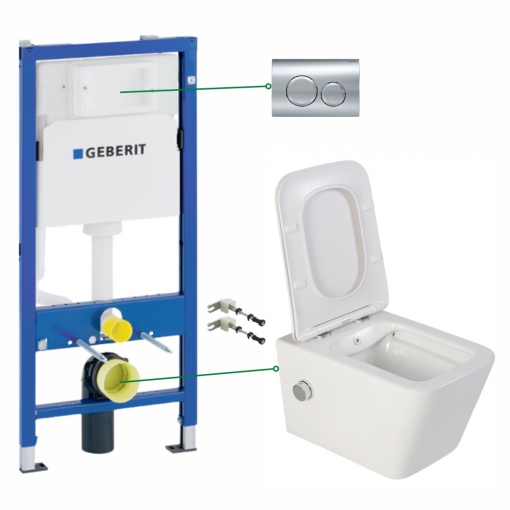 Set vas wc suspendat Foglia Safari cu functie bideu si baterie crom, rezervor incastrat Geberit Delta si clapeta crom lucios
