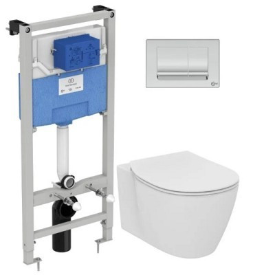 Set vas wc suspendat Ideal Standard Connect Aquablade cu capac softclose si rezervor incastrat Ideal Standard ProSys cu clapeta Oleas M1 crom