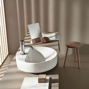 LAVOAR PE BLAT GEBERIT VARIFORM, ROTUND, CU BANC CU ORIFICII DE ROBINET D-45CM, PREAPLIN VIZIBIL, ALB - Img 3