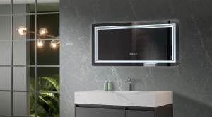 Oglinda cu iluminare LED Belform Cronos, buton touch, ceas si functie dezaburire, 120xH60 cm - Img 2