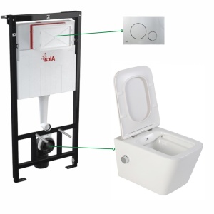 Set vas wc suspendat alb Foglia Safari, cu functie bideu si baterie crom mat, rezervor wc incastrat Alcadrain si clapeta crom mat