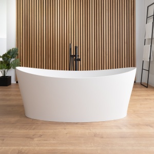 Cada baie freestanding compozit Foglia Wave ovala, 160x71 cm, alb lucios