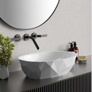 Lavoar pe blat din compozit Foglia Armonia Slim 56 cm, oval, 3D, alb lucios - Img 2