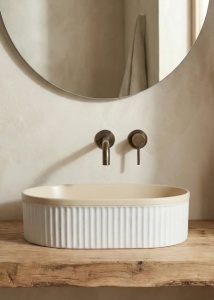 Lavoar pe blat, oval, bej si alb mat texturat, 49x31 cm - Img 2