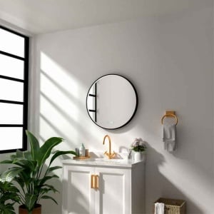 Oglinda cu LED, dezaburire si ceas Fluminia Aster 80 Clock, Ø 80 cm, iluminare perimetrala, rama neagra