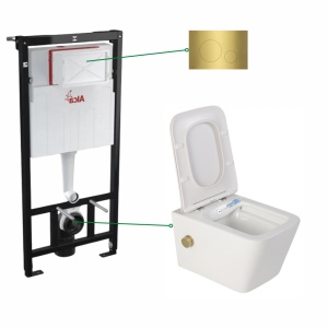Set vas wc suspendat alb cu functie bideu Foglia Safari cu baterie auriu mat, rezervor incastrat Alcadrain si clapeta alama periat