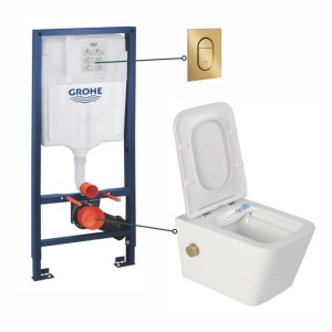 Set vas wc suspendat cu functie bideu Foglia Safari cu baterie inclusa auriu mat, rezervor wc incastrat Grohe si clapeta auriu periat