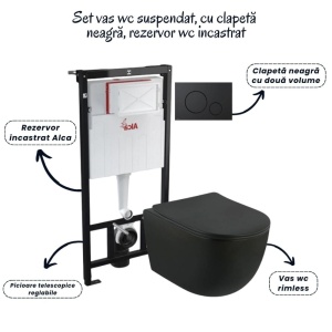 Set vas wc suspendat rimless cu capac soft close Oslo, rezervor incastrat si clapeta negru mat Alcaplast - Img 2