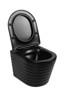 Set vas WC suspendat Rimless negru mat striat cu capac soft close - Img 3