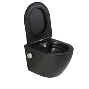 Vas wc suspendat Foglia Oslo cu functie bideu, negru mat, apa calda rece, spalare rimless, baterie inclusa crom - Img 2