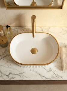 Lavoar oval pe blat alb lucios texturat cu linie aurie, 49x31 cm - Img 3