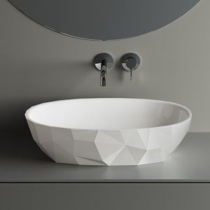 Lavoar pe blat din compozit Foglia Armonia Slim 56 cm, oval, 3D, alb lucios