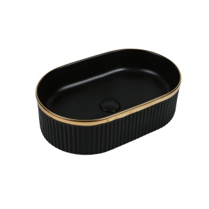 Lavoar pe blat, oval, alb mat texturat cu linie aurie, 49x31 cm