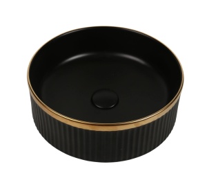 Lavoar pe blat, rotund, negru mat texturat cu linie aurie, 37x37 cm
