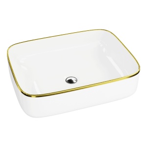 Lavoar pe blat Spectrum Castor Gold Line, dreptunghiular rotunjit, 50.5x40x h 14 cm, alb-auriu lucios