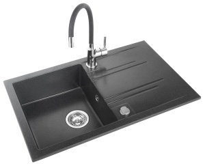 Set chiuveta granit cu o cuva si picurator 78x48 cm, grafit lucios/negru