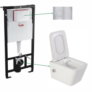 Set vas wc suspendat alb Foglia Safari cu functie bideu si baterie crom mat, rezervor wc incastrat Alcadrain si clapeta aluminiu mat