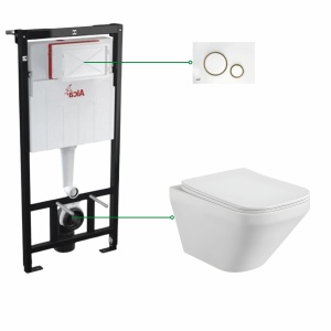 Set vas wc suspendat cu capac soft close Bristol, clapeta alb cu auriu, rezervor wc incastrat Alca