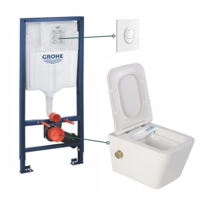 Set vas wc suspendat cu functie bideu Foglia Safari cu baterie inclusa auriu mat, rezervor wc incastrat Grohe cu clapeta alb lucios
