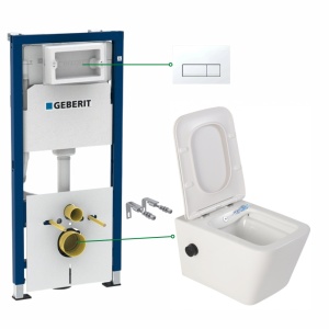 Set vas wc suspendat Foglia Safari cu functie bideu si baterie negru mat, rezervor wc incastrat Geberit si clapeta Delta 51 alb alpin