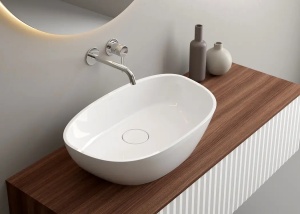 Lavoar compozit Foglia Ondo Curve cu montare pe blat, 60x36 cm, alb lucios
