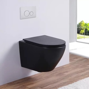 Set vas wc Foglia Oslo Rimless suspendat, negru mat rotund, cu capac soft close - Img 2