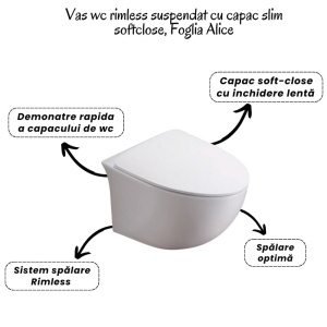 Set vas wc rimless cu capac soft close Foglia Alice, rezervor incastrat si clapeta alb mat cu butoane crom mat, Alcadrain - Img 2