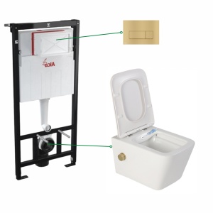 Set vas wc suspendat alb cu functie bideu Foglia Safari cu baterie auriu mat, rezervor incastrat Alcadrain si clapeta auriu mat