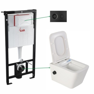 Set vas wc suspendat Foglia Safari cu functie bideu si baterie negru mat inclusa, rezervor incastrat Alcaplast si clapeta negru mat