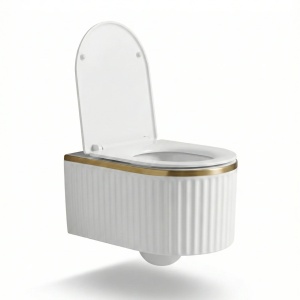 Set vas WC suspendat Rimless alb texturat cu linie aurie si capac soft close - Img 2