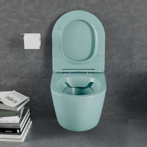 Set vas wc suspendat, verde turcoaz, mat, rimles , capac softclose, Rotund, Foglia Oslo - Img 5