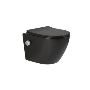 Vas wc suspendat Foglia Oslo cu functie bideu, negru mat, apa calda rece, spalare rimless, baterie inclusa crom - Img 3