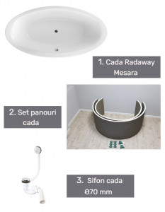 Cada baie Radaway Mesara, set panou Flex si sifon, acril, 190x96 cm - Img 2
