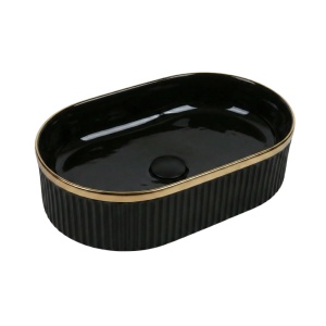 Lavoar pe blat, oval, negru lucios texturat cu linie aurie, 49x31 cm