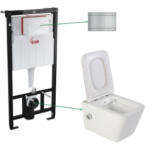 Set vas wc suspendat cu functie de bideu Foglia Safari cu rezervor wc incastrat Alcaplast cu clapeta aluminiu mat