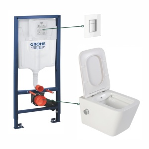 Set vas wc suspendat Foglia Safari cu functie bideu alb si baterie inclusa crom Foglia Safari, rezervor wc incastrat Grohe si clapeta din sticla alba
