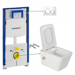 Set vas wc suspendat Foglia Safari cu functie bideu si baterie crom inclusa, rezervor wc incastrat Geberit Sigma si clapeta alb lucios