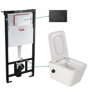 Set vas wc suspendat Foglia Safari cu functie bideu si baterie inclusa, rezervor incastrat Alcaplast si clapeta negru mat cu detalii argintii