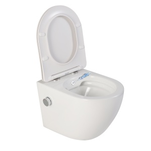 Vas wc suspendat cu functie bideu, semirotund, rimless, apa calda rece, capac soft close, baterie crom Foglia Oslo
