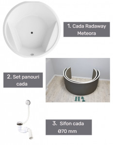 Cada baie Radaway Meteora, set panou Flex si sifon, acril, Ø160 cm - Img 2