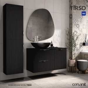 Dulap coloana Cersanit Tirso, mdf, cu usi, riflat, 160x40x30 cm, negru mat - Img 2