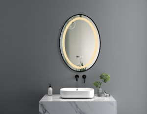 Oglinda cu iluminare LED Belform Infinity rama neagra, buton touch, ceas si functie dezaburire 50xH70 cm