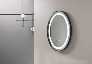 Oglinda cu iluminare LED Belform Infinity rama neagra, buton touch, ceas si functie dezaburire 50xH70 cm - Img 2