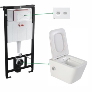 Set vas wc suspendat cu functie de bideu Foglia Safari si rezervor wc incastrat Alcadrain cu clapeta alb mat si butoane de actionare crom mat