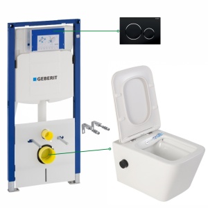 Set vas wc suspendat Foglia Safari cu functie bideu si baterie negru mat inclusa, rezervor wc incastrat Geberit si clapeta Sigma negru lucios